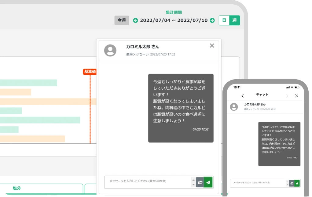 カロミルの指導コメントとチャットの画面例